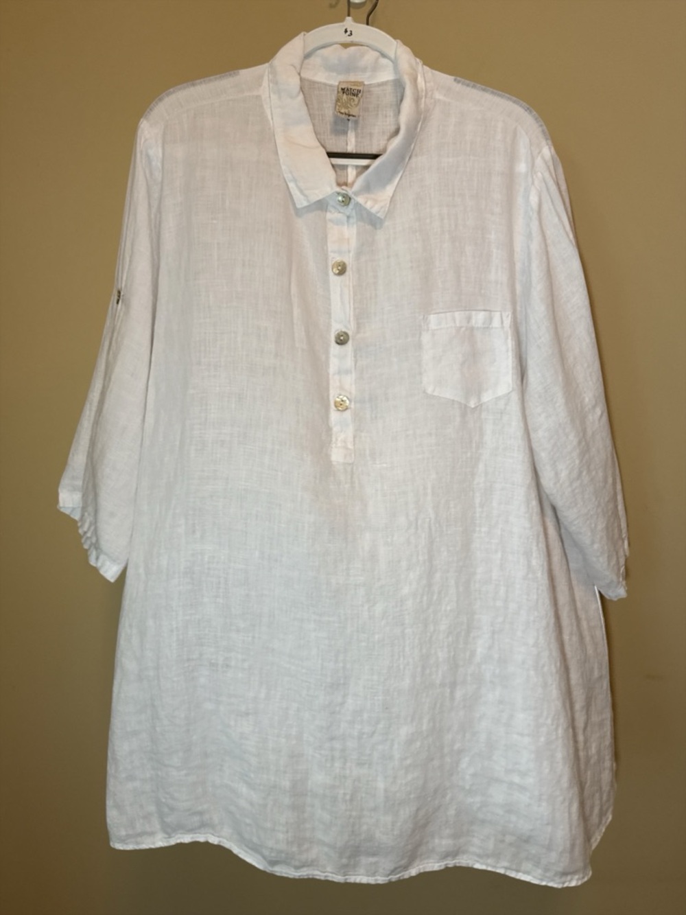 Match Point Tunic top blouse White 100% Linen collared Size XL EUC